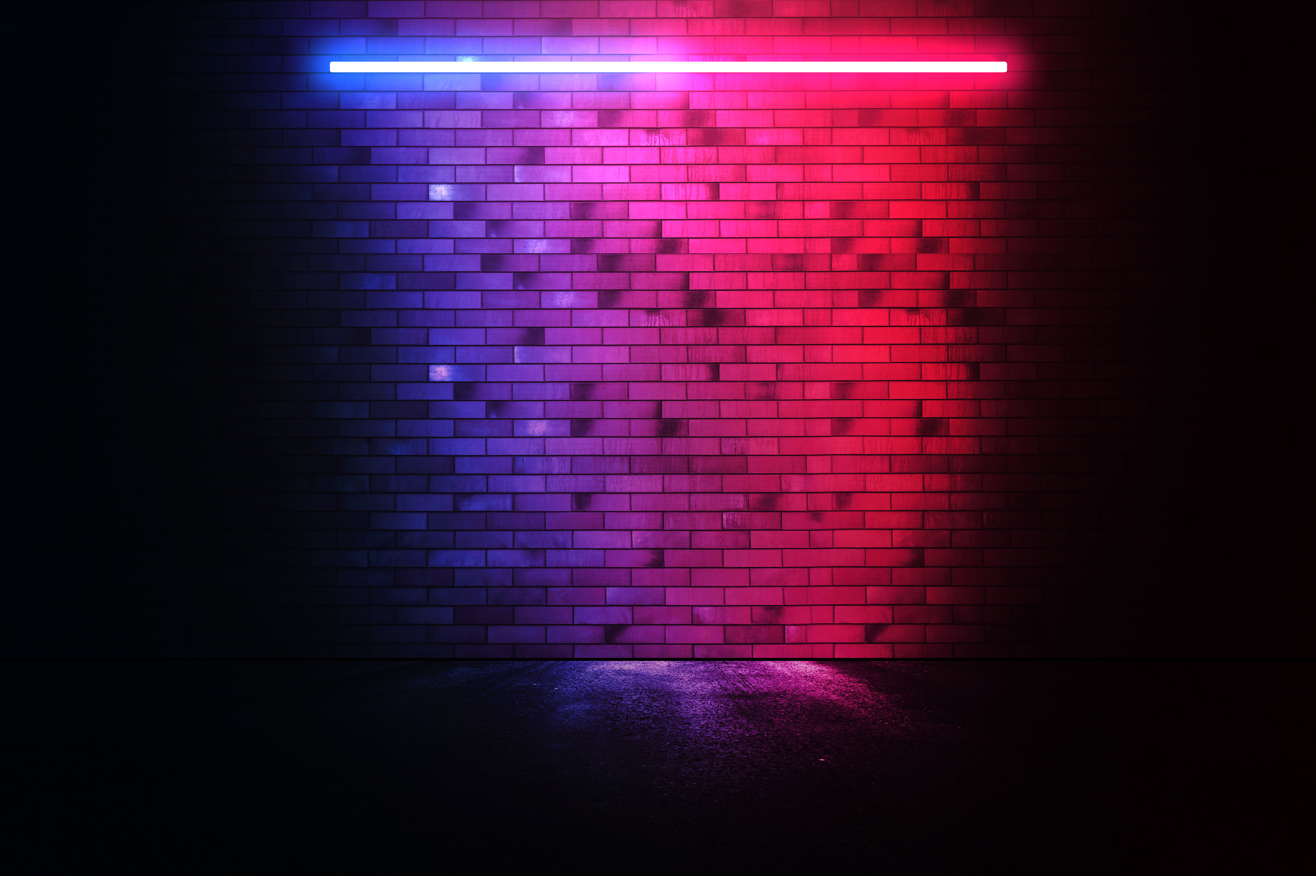Rays neon light on neon brick wall. Empty scene. Neon reflections on wet asphalt. Cyberpunk background with copy space.